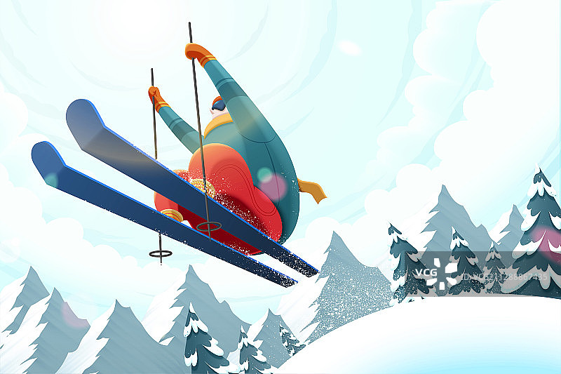 低視角滑雪跳躍插圖與雪坡背景圖片素材