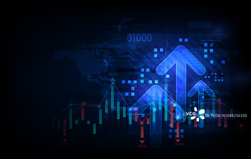 未来主义提出的三重箭头图表与烛台数字转换抽象的技术背景。大数据和业务增长货币股票和投资经济。矢量图图片素材