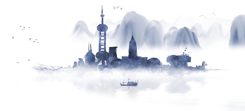 上海地标山水画 中国风剪影水墨画图片下载