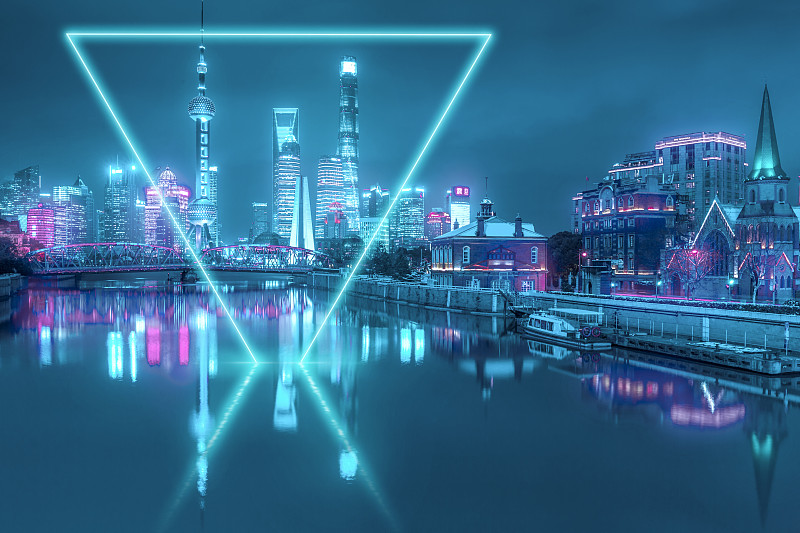 上海外灘夜景科幻圖片素材