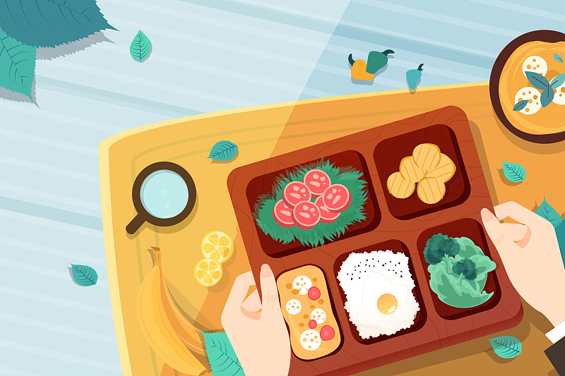食堂餐盤就餐營養均衡飲食美食健康矢量插畫圖片