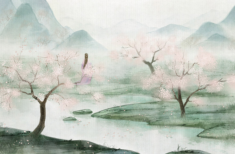 中國風水墨場景插畫——桃花塢圖片