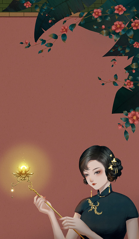 容顏秀美的女人拿著蓮花燈沉思中國風插畫圖片