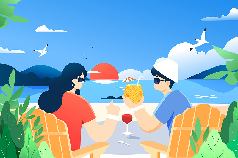 卡通夏季情侶約會出游旅游旅行自然風景海邊度假活動矢量插畫下載