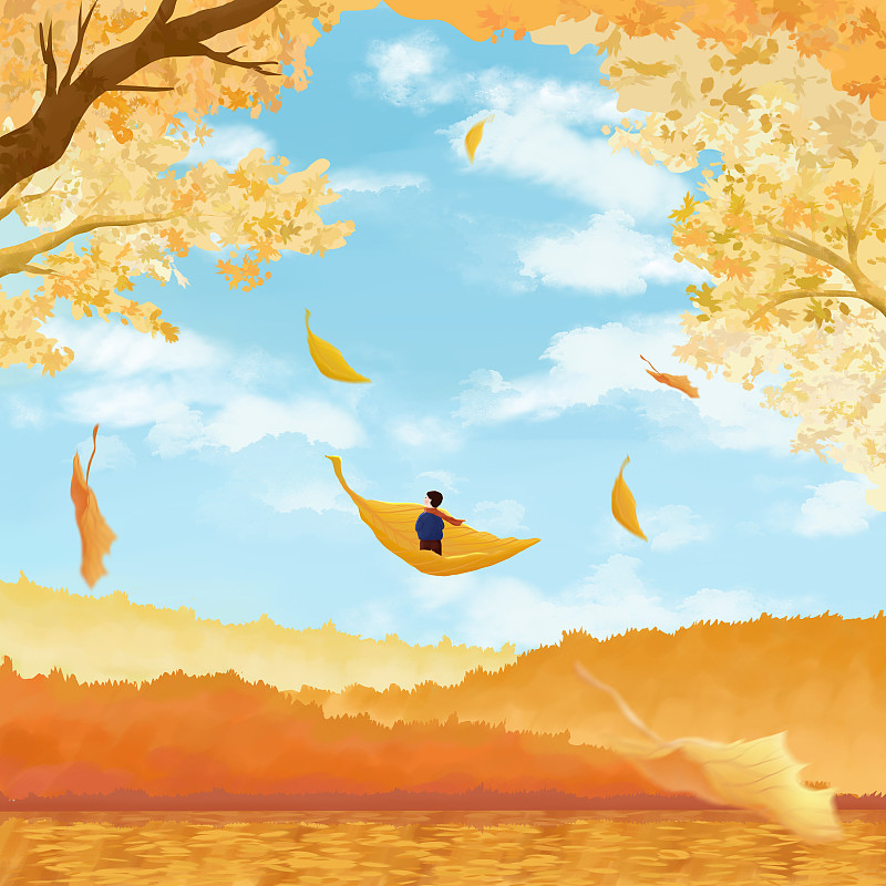 男孩站在飄落的樹葉上秋天場景插畫圖片