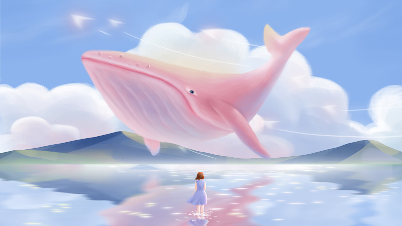明亮背景下粉紅色的鯨魚游在湖面上圖片素材