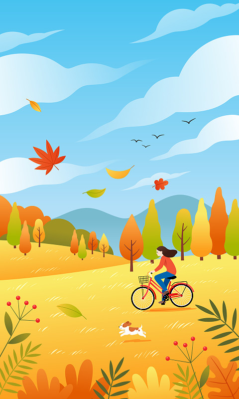 秋天一個女孩在戶外騎自行車豎版圖片素材