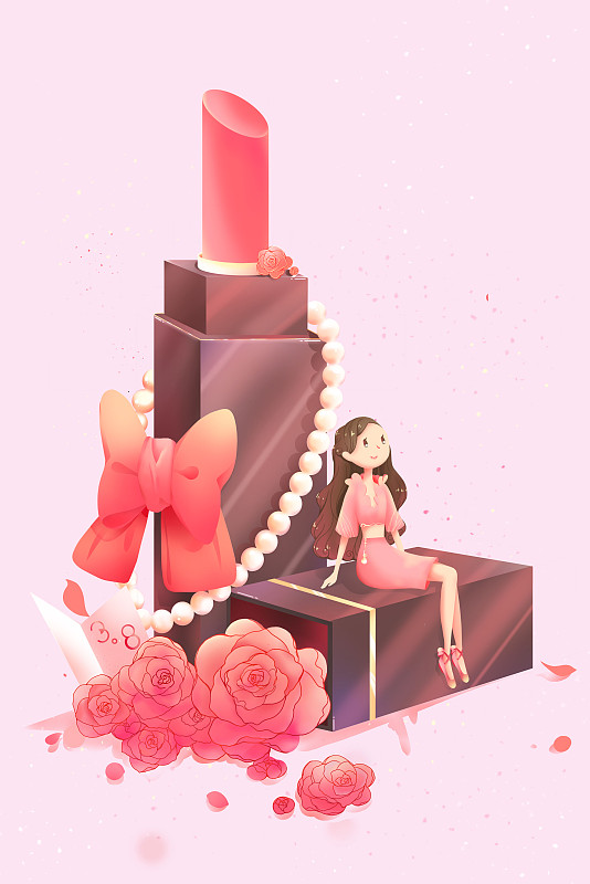 女孩坐在口紅邊，周圍裝點著玫瑰花、珠寶與蝴蝶結圖片素材