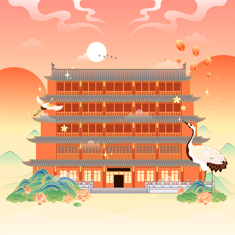 廣州鎮海樓風景建筑矢量插畫圖片