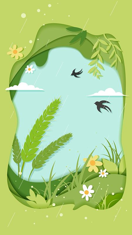 春季节气绿色剪纸插画背景下载