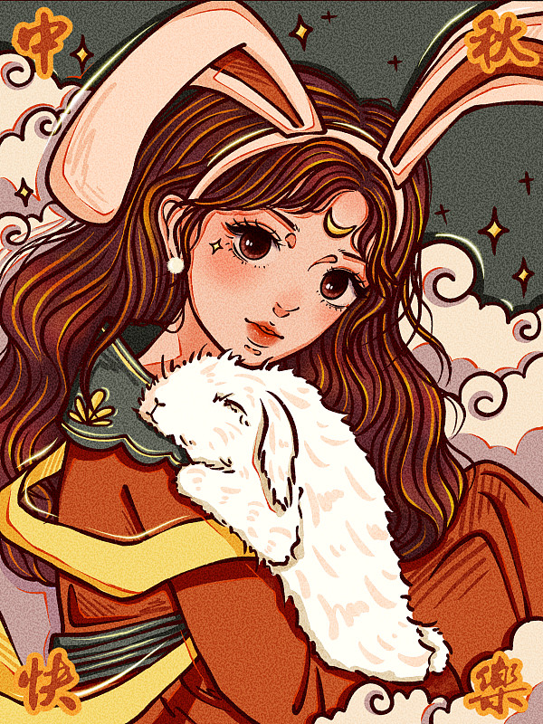 中秋快樂-抱兔子的女孩圖片素材