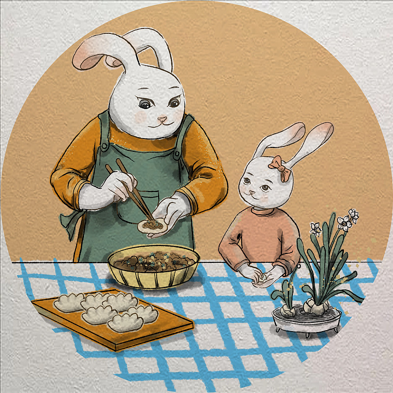 兔年二月包餃子圖片素材