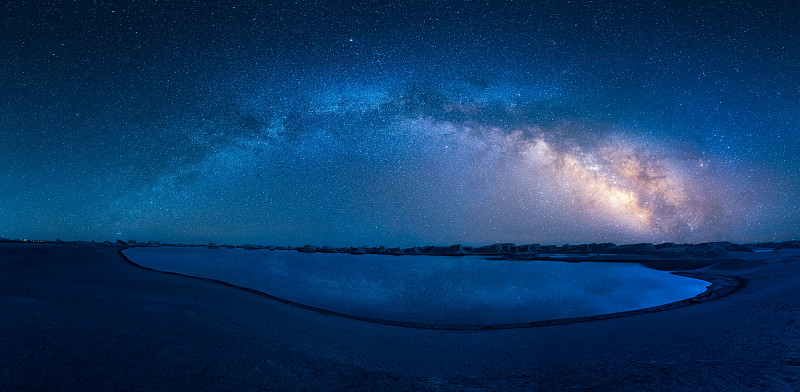 星空银河下的盐湖，水上雅丹银河拱桥蓝色星空图片下载
