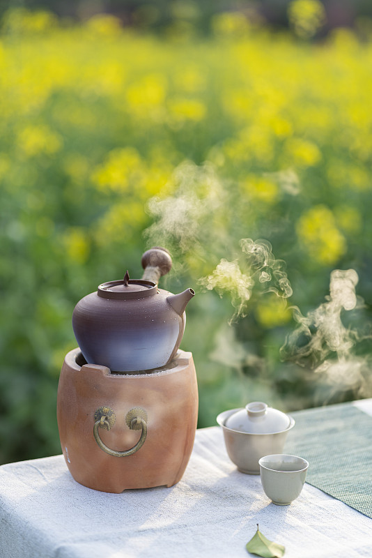 油菜花田边围炉煮茶的茶具与水果篮图片下载