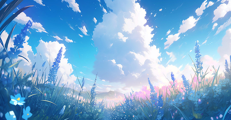 橫構圖晴空下的草地上開滿藍色的野花圖片下載