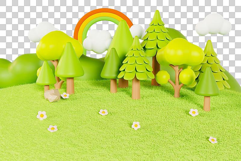 3D渲染的春天草地树木山坡森林彩虹元素图片下载