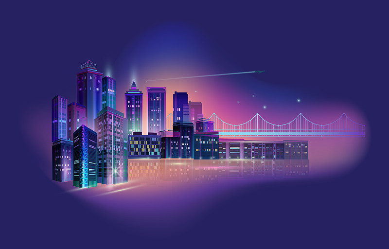 霓虹閃爍的城市夜景。矢量插圖。圖片素材