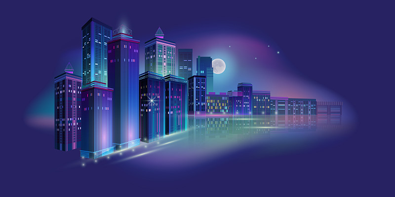 夜晚的城市全景與月光和霓虹燈。矢量插圖。圖片素材