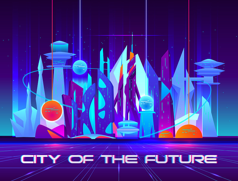 夜晚的未來之城，霓虹閃爍圖片素材