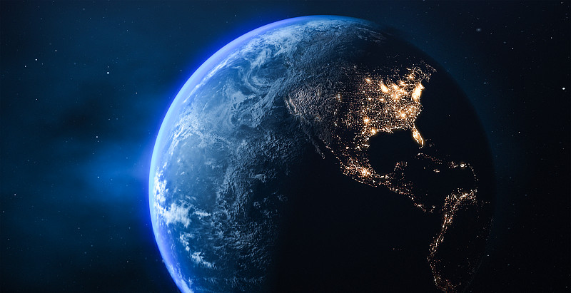 从太空看地球。美洲在地球的阴暗面。图片下载