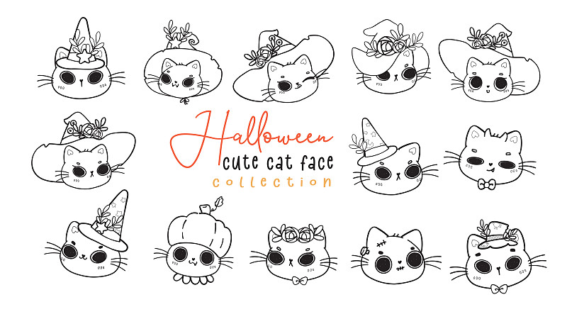 可愛小貓貓女巫萬圣節臉頭部輪廓著色郵票卡通繪圖插畫圖片