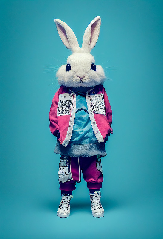 擬人化的兔子作為街頭時尚工作室的肖像插畫圖片