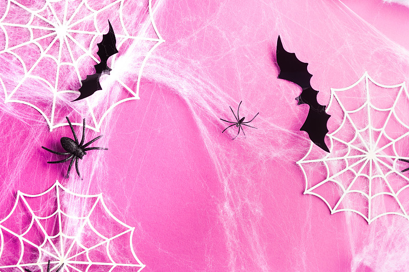 萬圣節的背景由蜘蛛網，蜘蛛和黑色蝙蝠在粉紅色。萬圣節裝飾概念?？植篮涂植赖谋尘芭c復制空間為您的設計攝影圖片
