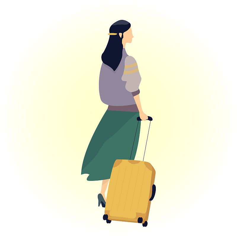 深色頭發的女孩拿著一個手提箱，穿著時髦的溫暖色調的衣服插畫圖片