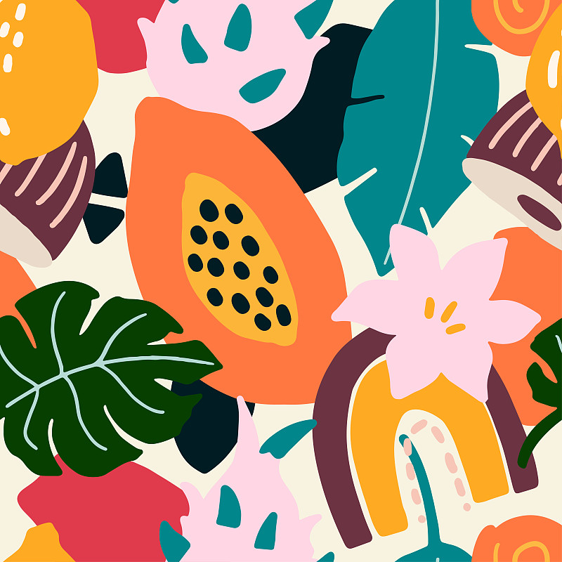 抽象多彩的簡單幾何熱帶形狀，波西米亞形狀。葉，花，椰子，木瓜果。插畫圖片
