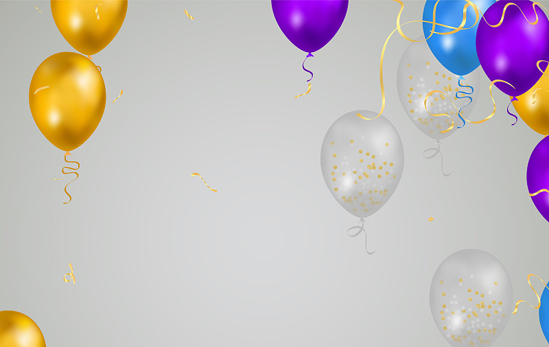 生日快樂矢量慶祝會橫幅箔紙屑和和閃閃發光的氣球。用五彩紙屑氦氣球插畫圖片