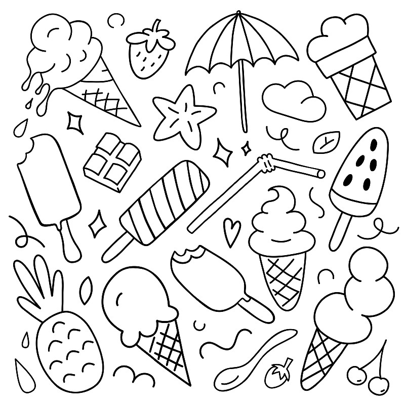 冰淇淋夏季手繪套裝，各種口味的冰淇淋，白色背景的蛋筒，球和水果冰，孤立的簡單物體，插畫圖片