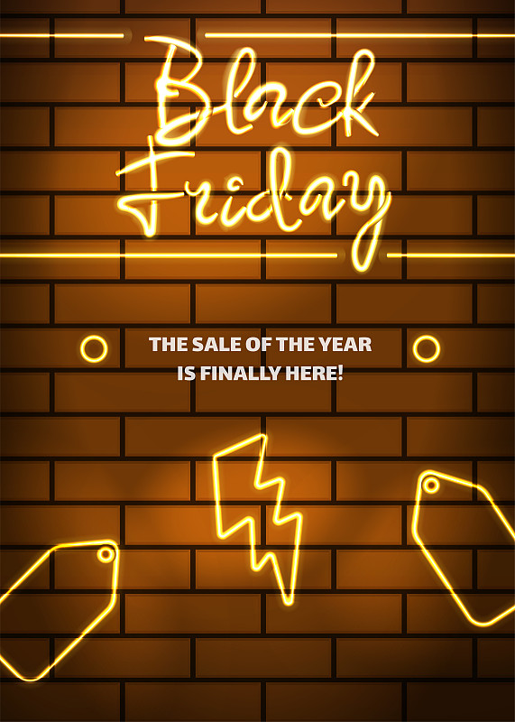黑色星期五磚墻霓虹燈海報與閃光和價格標簽插畫圖片