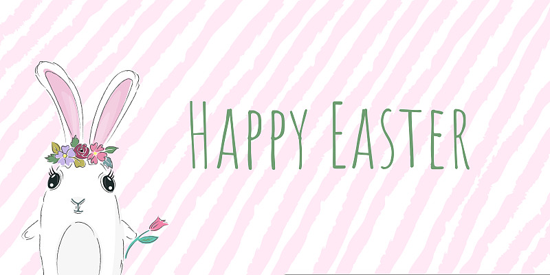 復活節快樂的文字矢量橫幅上有可愛的兔子，春天的花朵插畫圖片