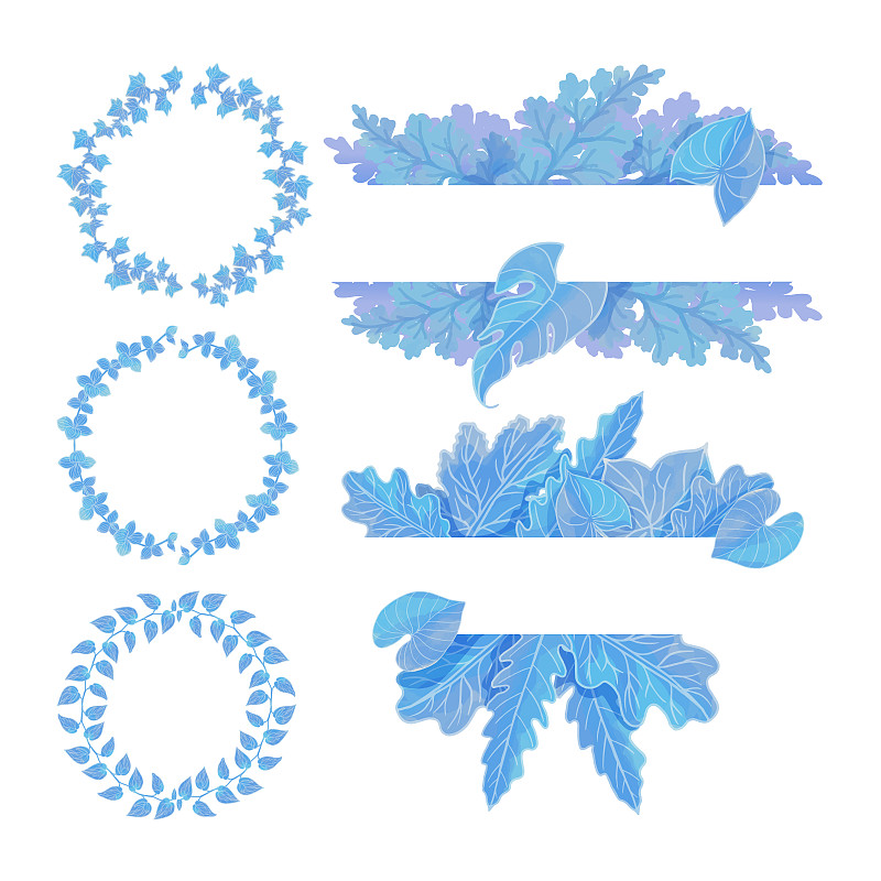 一套水彩樹葉和花朵框架，藍色樹葉剪貼畫插畫圖片