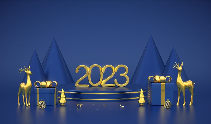 新的2023年快樂。3D金色金屬數字2023在藍色舞臺的講臺上。場景，圓形平臺與禮品盒，現實的金色鹿，球，金屬松云杉樹在藍色背景。向量。圖片下載
