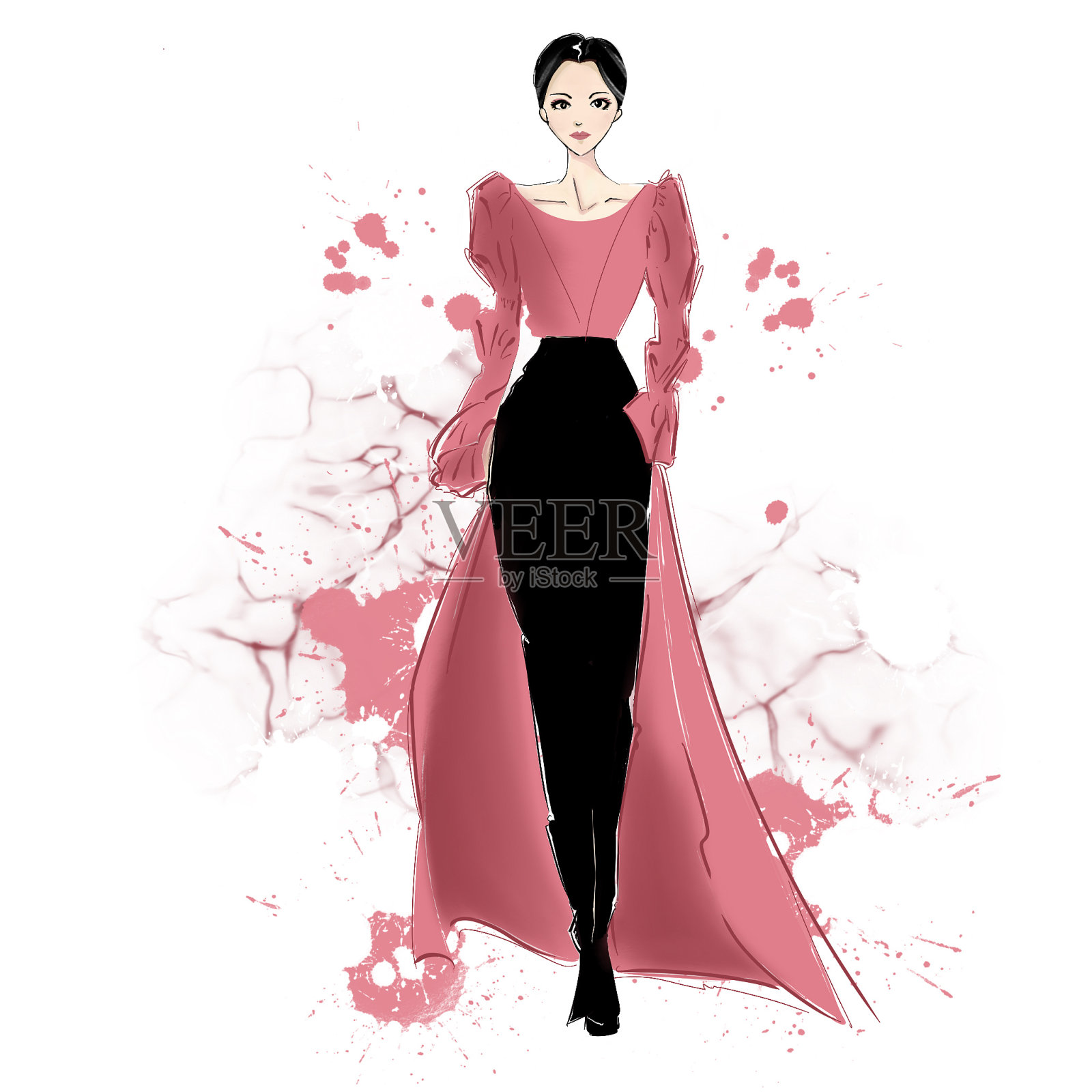 穿粉红和黑色衣服的漂亮年轻女人插画图片素材