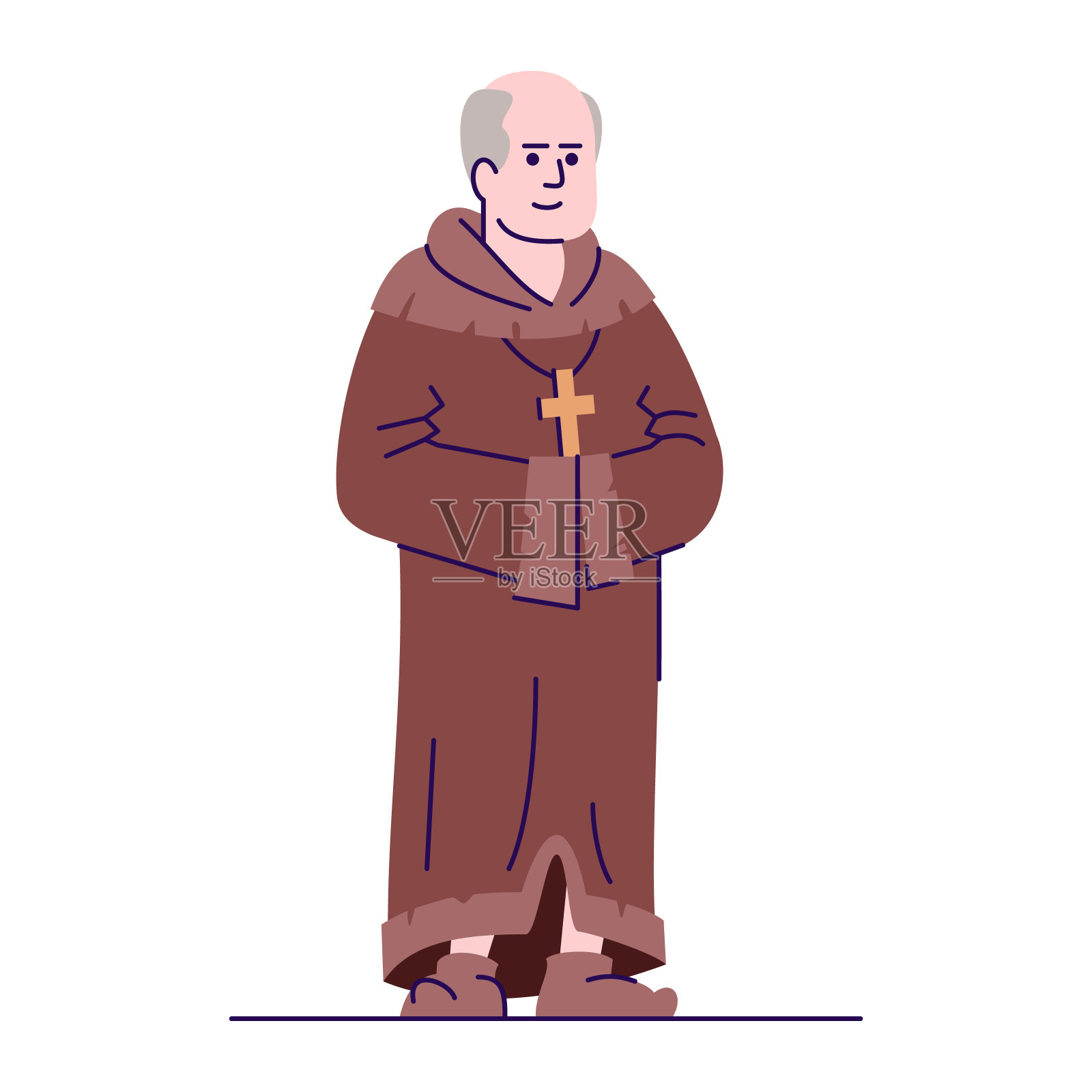 中世纪牧师平面矢量插图。中世纪僧人孤立卡通人物与轮廓元素在白色的背景。穿长袍的天主教传教士。基督教信仰和宗教插画图片素材