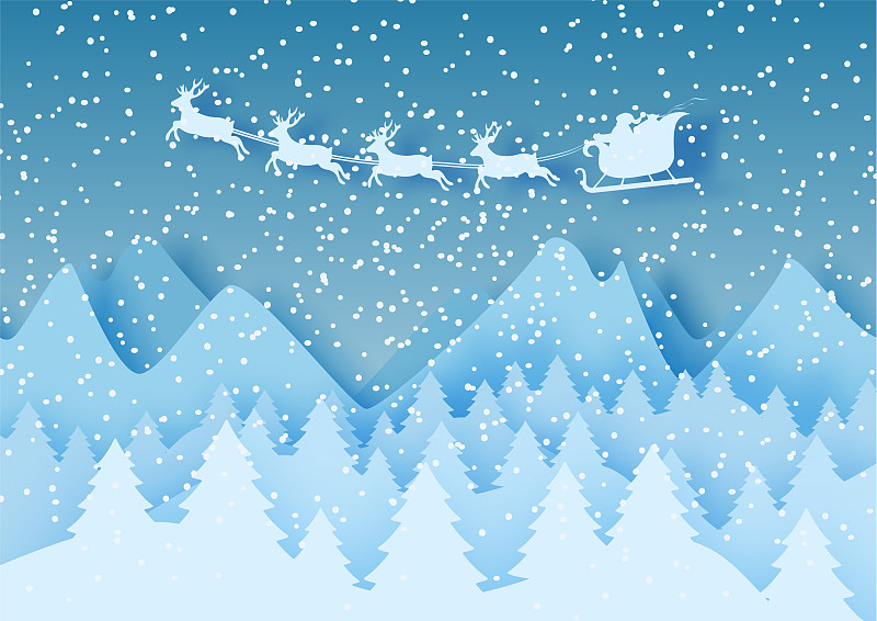 3d抽象蠟筆剪紙的冬季景觀與云，松樹，山和圣誕老人。向量圖片素材