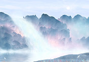 森林的早晨太阳升起，瀑布从山峰高处流下到河流湖泊里中国风插画图片素材
