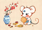小老鼠吃东西水墨画图片素材