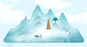 手绘中国风淡雅立体山水画图片素材