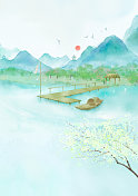 立夏节气中国风小清新水彩风格山水插画图片素材