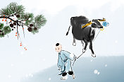 中国风牛年插画台历十二月冬季松树林下这雪图片素材