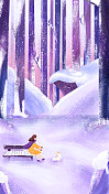 插画节气冬天季节寒冷女孩坐在椅子上森林积雪路狗图片素材