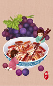 八月应季美食之红烧肉和葡萄图片素材