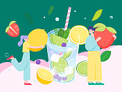 情侣抱着水果站在柠檬冷饮前矢量插画图片素材