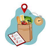送货服务。包里的食物。购物清单。矢量图图片素材