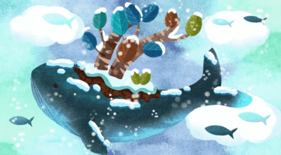 四季之冬天蓝色天空中飞过的鲸鱼插画GIF动图元素下载