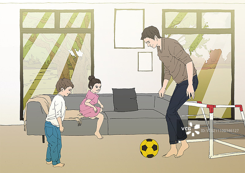 父亲和孩子们在客厅里玩耍图片素材