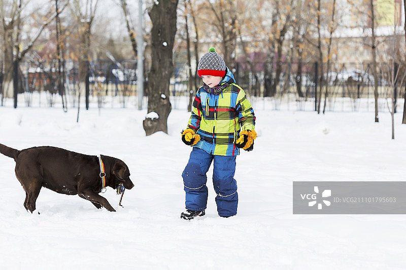 学龄儿童和狗在冬季公园。我最好的朋友和我图片素材